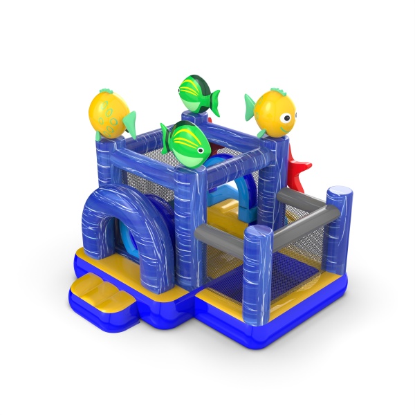 Piccolo castello gonfiabile con vasca asciutta con palline per bambini - tema marino