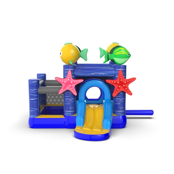 Piccolo castello gonfiabile con vasca asciutta con palline per bambini - tema marino
